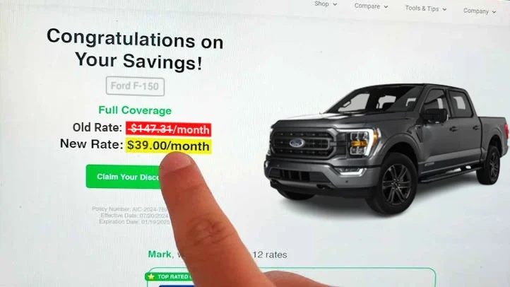 Insurance Savings Screenshot showing Ford F-150 with rates dropping from $147 to $39