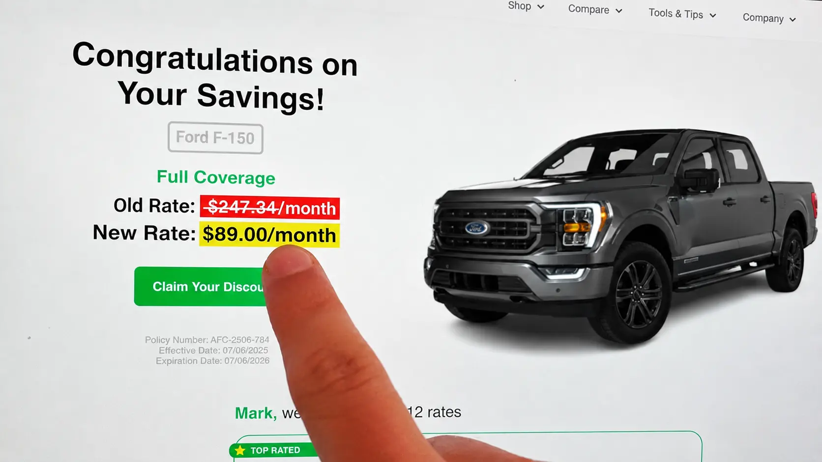 Insurance Savings Screenshot showing Ford F-150 with rates dropping from $147 to $39
